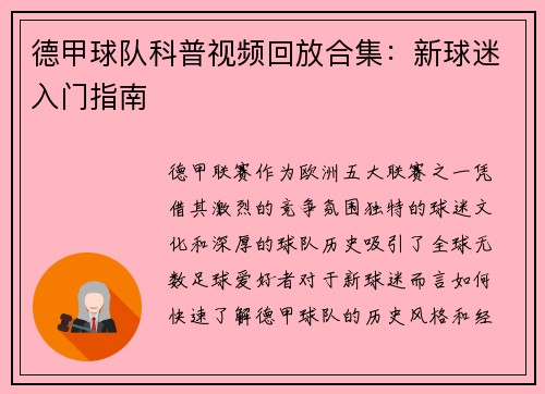 德甲球队科普视频回放合集:新球迷入门指南
